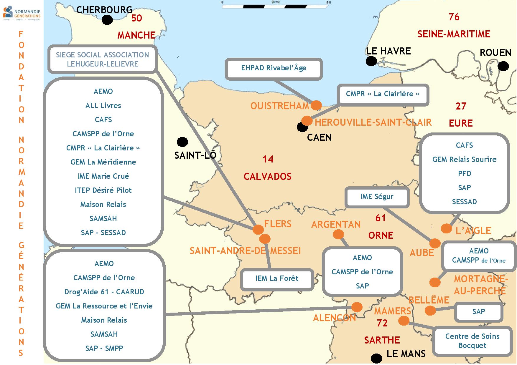 Carte des établissements de l'Associaton Lehugeur-Lelièvre.